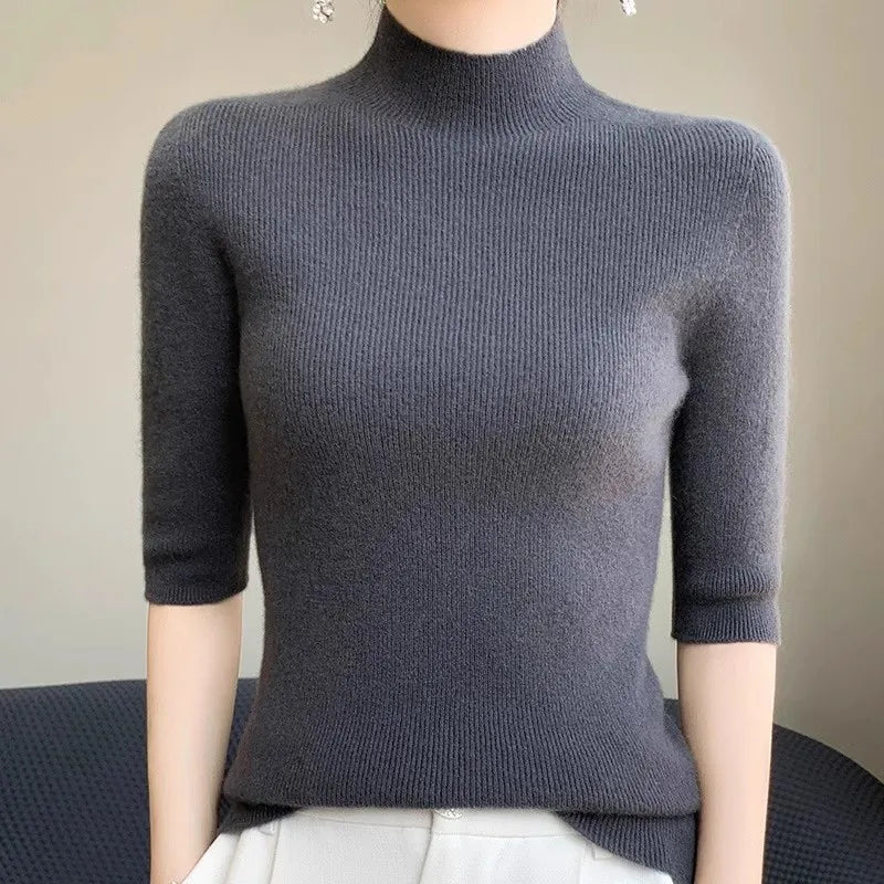 Turtleneck Half Sleeve Sweater Women, Solid Elegant Knitted Pullover, Basic Slim Tops