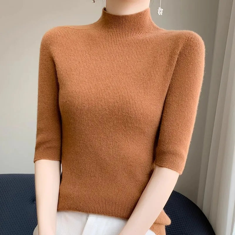 Turtleneck Half Sleeve Sweater Women, Solid Elegant Knitted Pullover, Basic Slim Tops