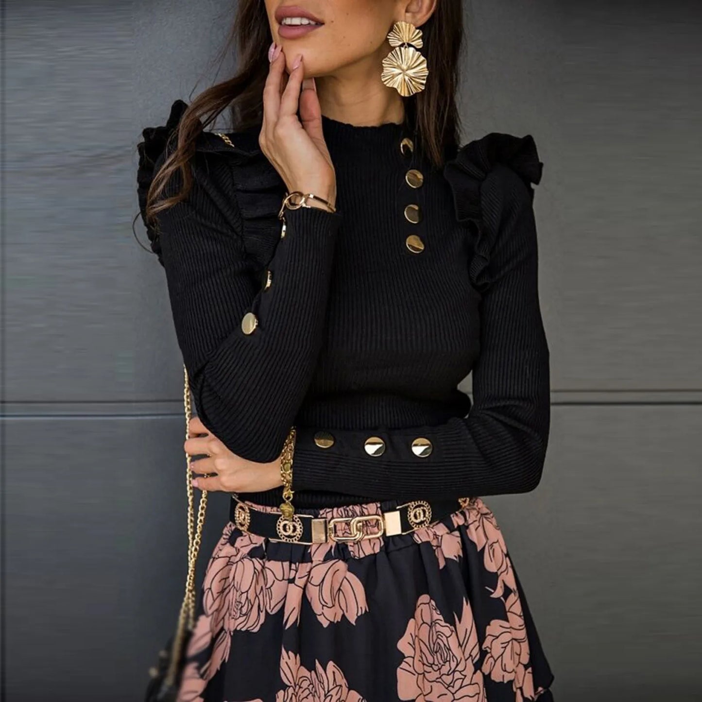 Camisas de lino para mujer, blusa ajustada con botones y mangas largas con volantes