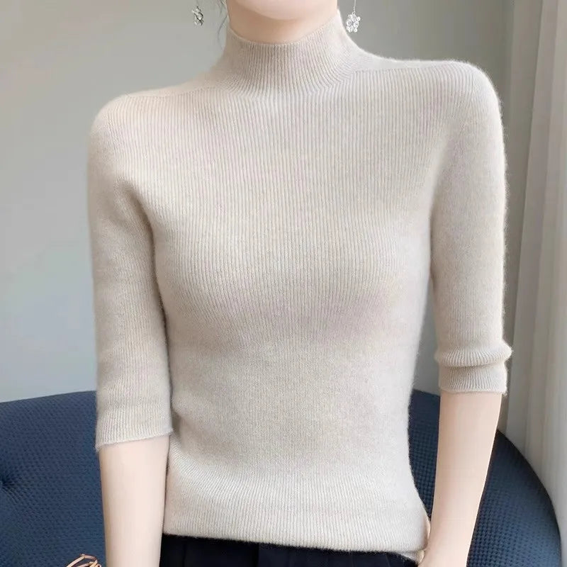 Turtleneck Half Sleeve Sweater Women, Solid Elegant Knitted Pullover, Basic Slim Tops