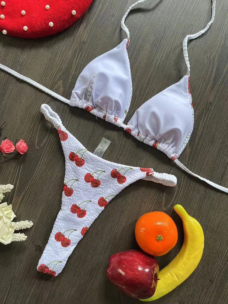 Swimwear Women Cute Cherry Print Brazilian Thong Bikini Set Sexy Thong Swimsuit Two Pieces Bathing Suit Women 2023 Beach Wear