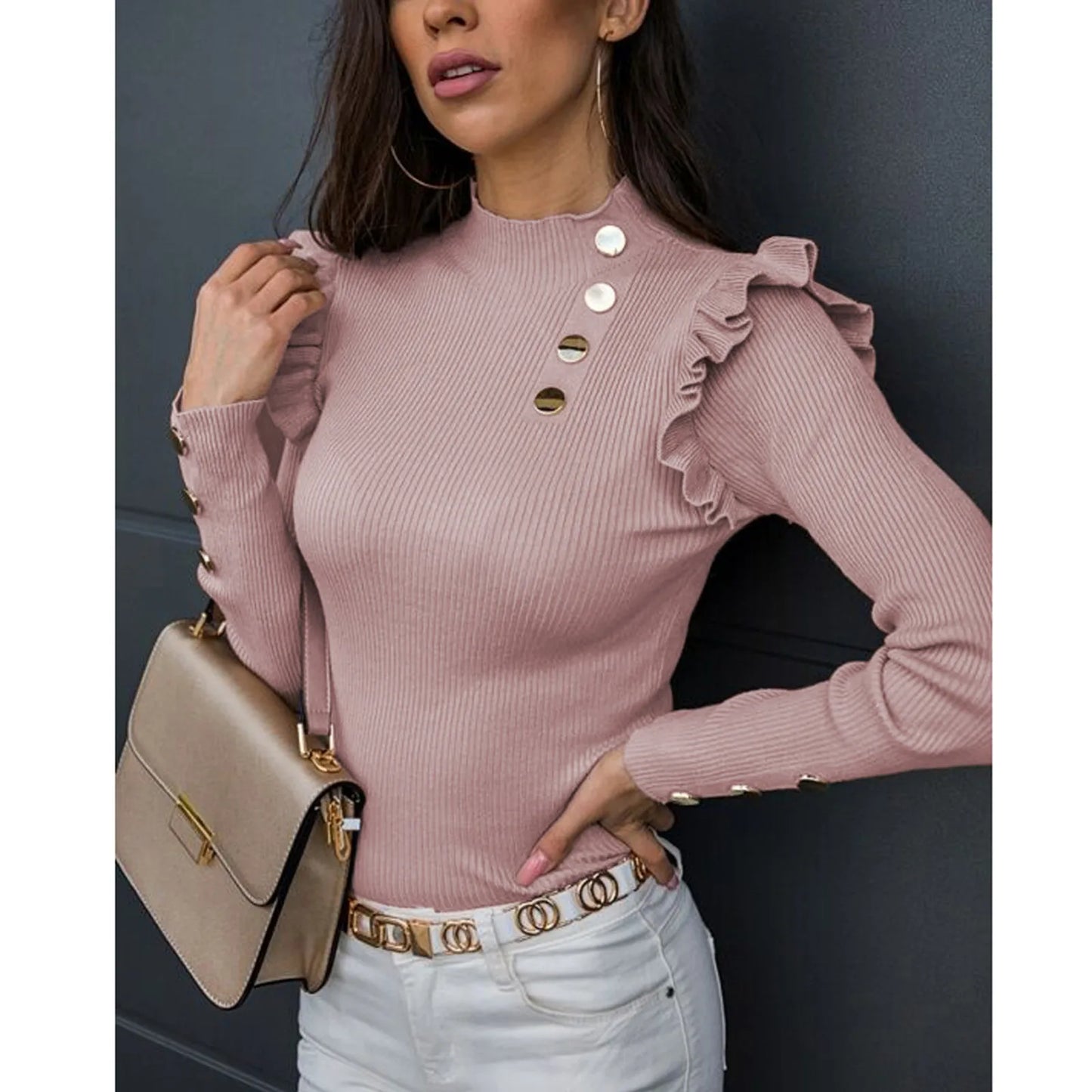 Camisas de lino para mujer, blusa ajustada con botones y mangas largas con volantes