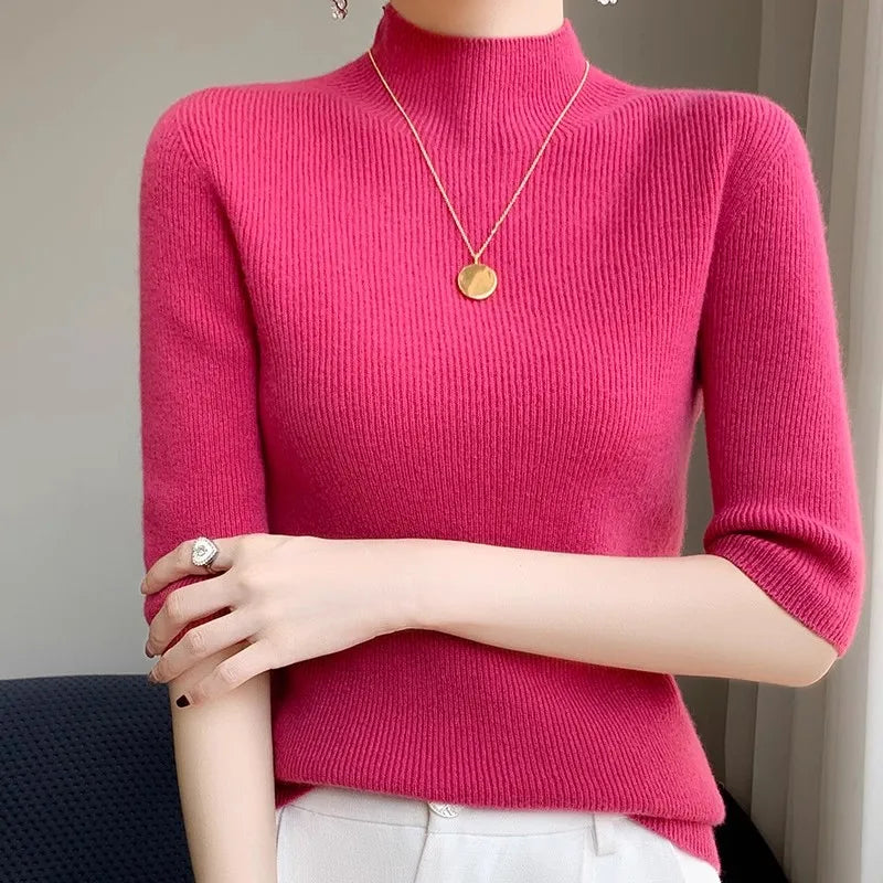 Turtleneck Half Sleeve Sweater Women, Solid Elegant Knitted Pullover, Basic Slim Tops