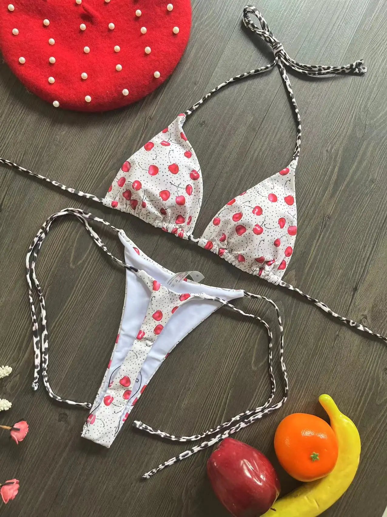 Swimwear Women Cute Cherry Print Brazilian Thong Bikini Set Sexy Thong Swimsuit Two Pieces Bathing Suit Women 2023 Beach Wear