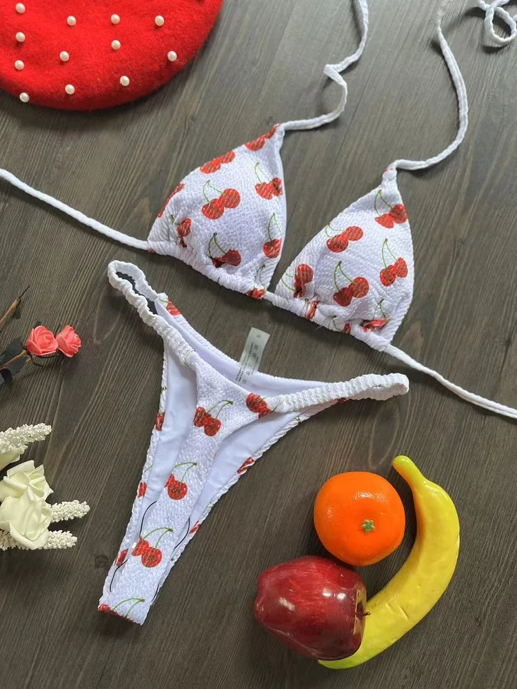 Swimwear Women Cute Cherry Print Brazilian Thong Bikini Set Sexy Thong Swimsuit Two Pieces Bathing Suit Women 2023 Beach Wear
