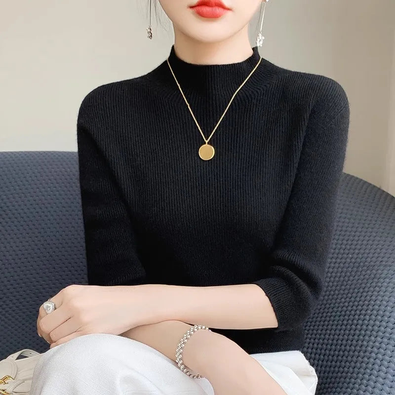 Turtleneck Half Sleeve Sweater Women, Solid Elegant Knitted Pullover, Basic Slim Tops