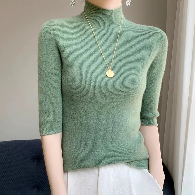 Turtleneck Half Sleeve Sweater Women, Solid Elegant Knitted Pullover, Basic Slim Tops