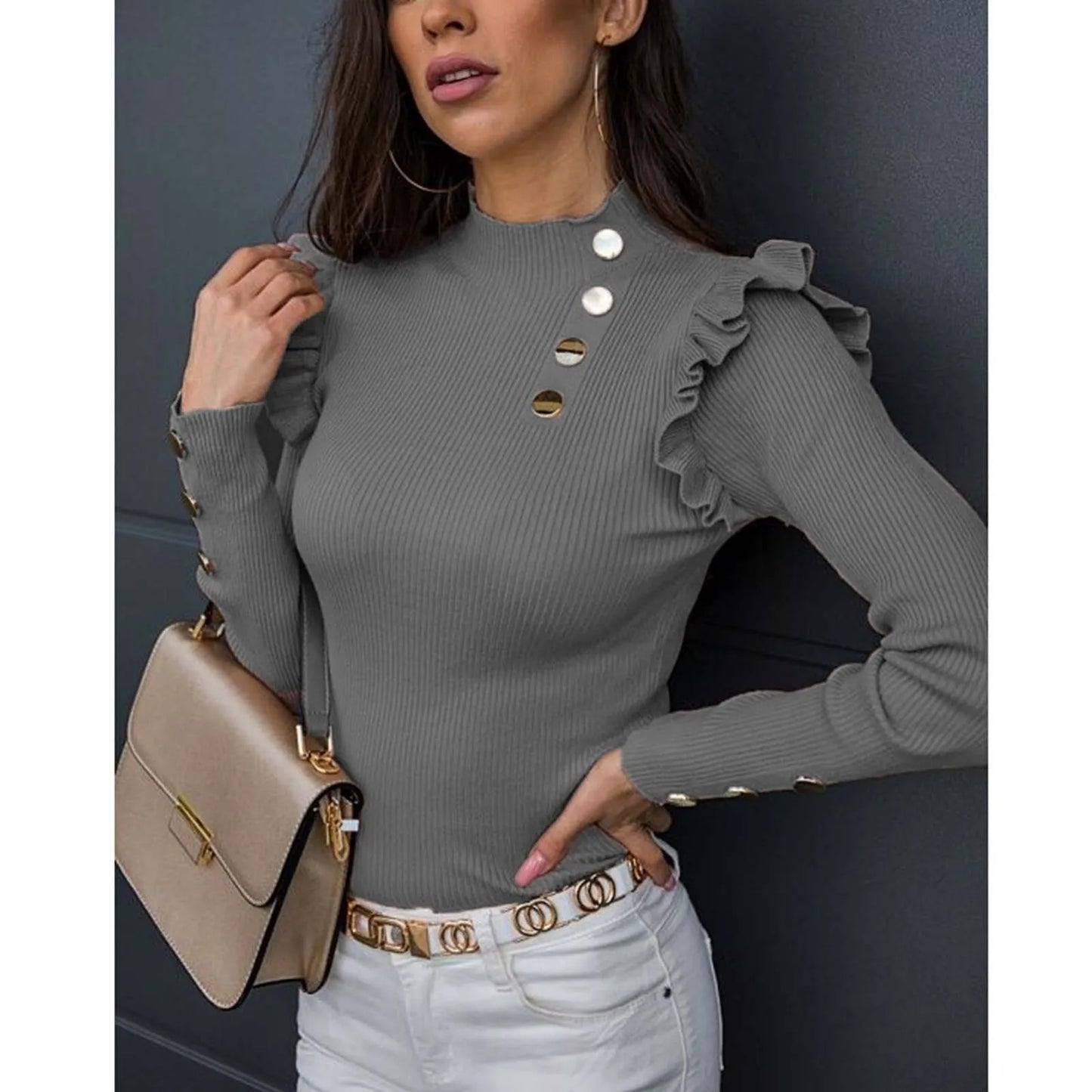 Camisas de lino para mujer, blusa ajustada con botones y mangas largas con volantes