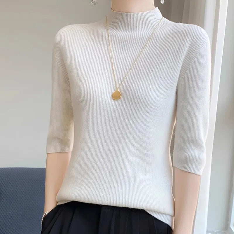 Turtleneck Half Sleeve Sweater Women, Solid Elegant Knitted Pullover, Basic Slim Tops