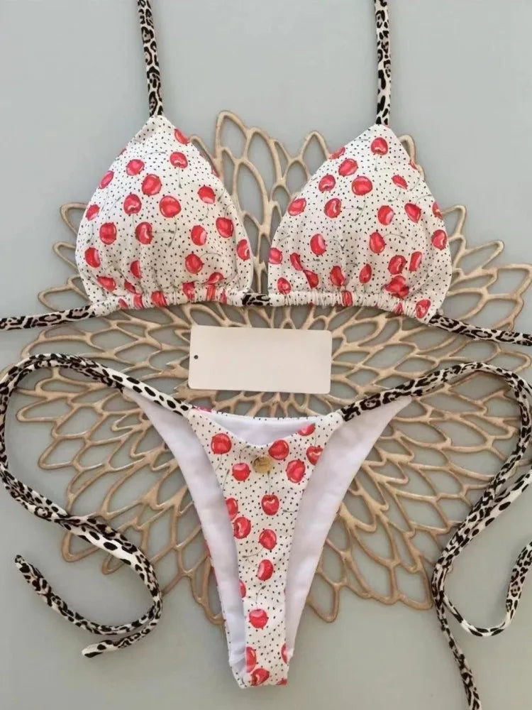 Swimwear Women Cute Cherry Print Brazilian Thong Bikini Set Sexy Thong Swimsuit Two Pieces Bathing Suit Women 2023 Beach Wear