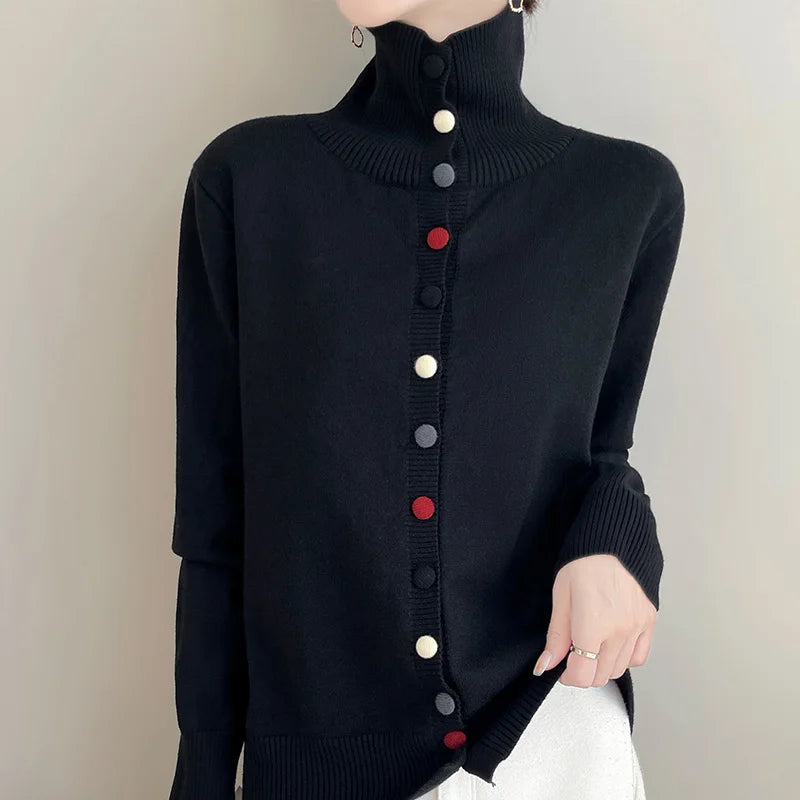 Retro women's stand-up collar knitted cardigan coat in autumn and winter new 100% pure wool casual fashion.