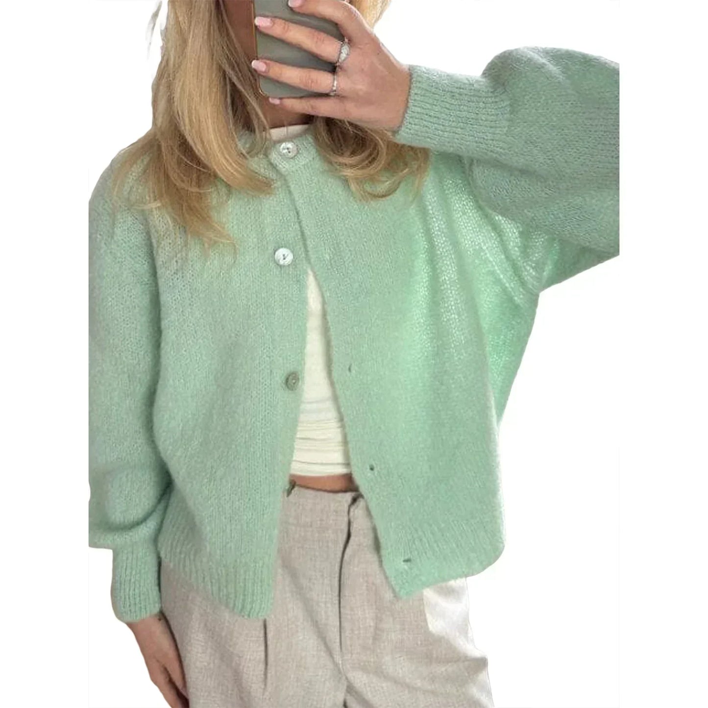 Women Solid Knitted Single Breasted Cardigan O-neck Long Sleeve Loose Soft Sweater 2024 Autumn Lady Knitwear ﻿
