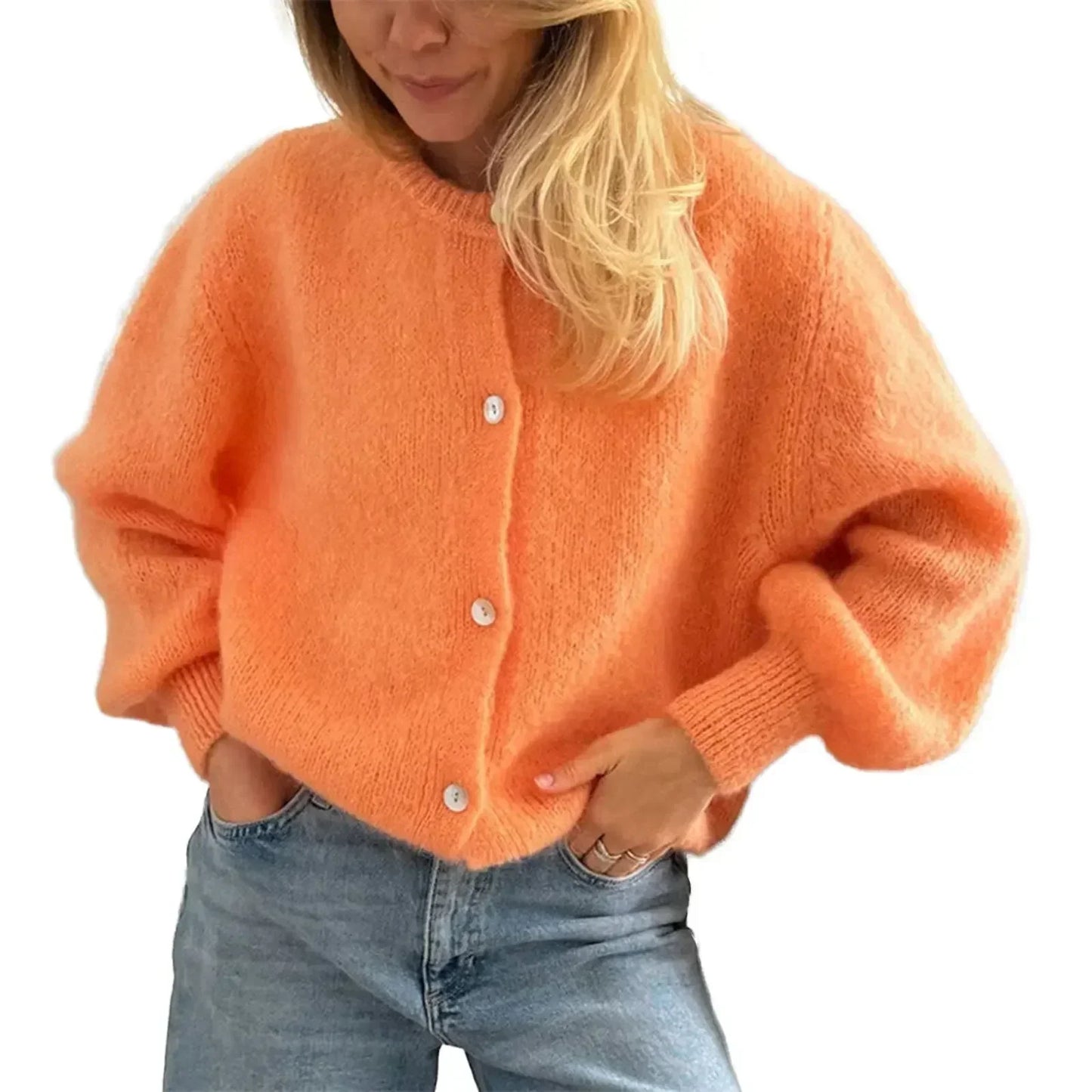 Women Solid Knitted Single Breasted Cardigan O-neck Long Sleeve Loose Soft Sweater 2024 Autumn Lady Knitwear ﻿