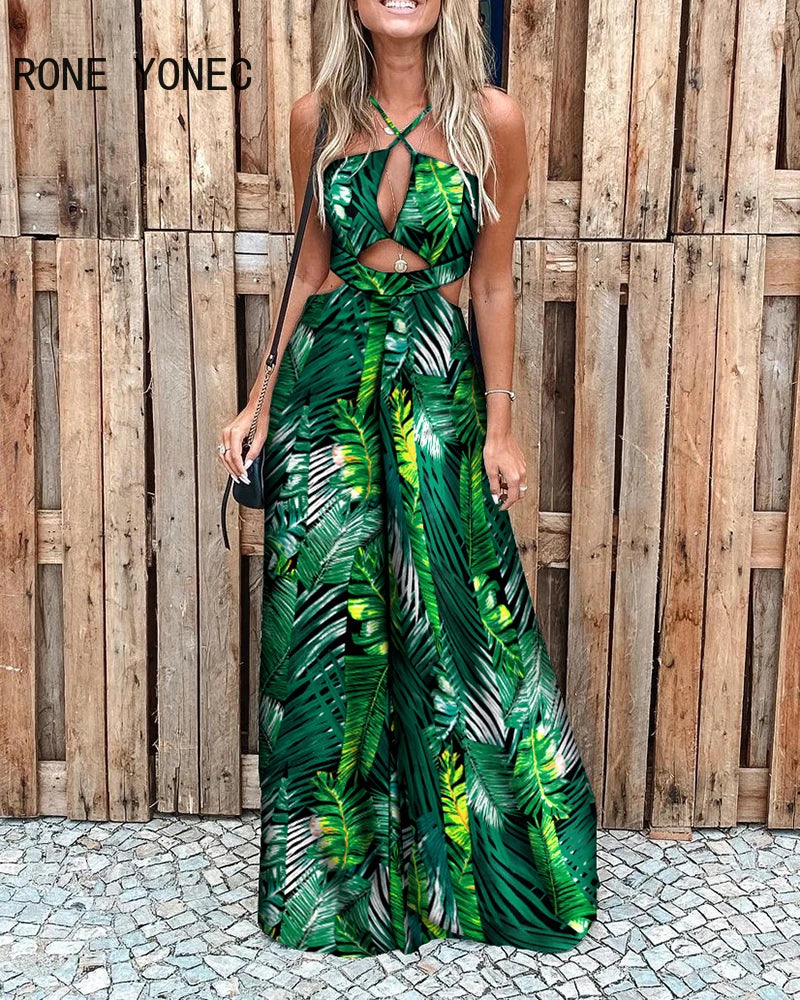 Mono informal de mujer con estampado tropical, sin mangas, cuello halter, pierna ancha y aberturas