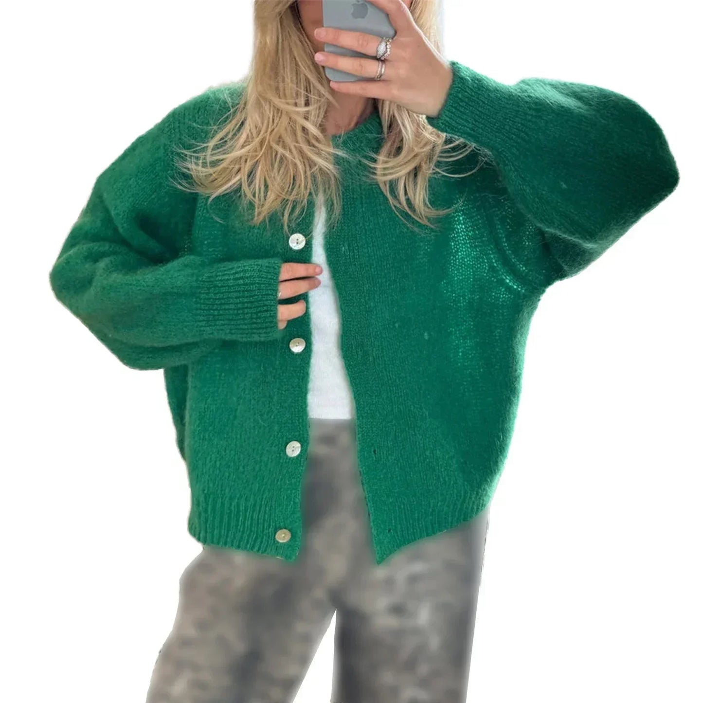 Women Solid Knitted Single Breasted Cardigan O-neck Long Sleeve Loose Soft Sweater 2024 Autumn Lady Knitwear ﻿