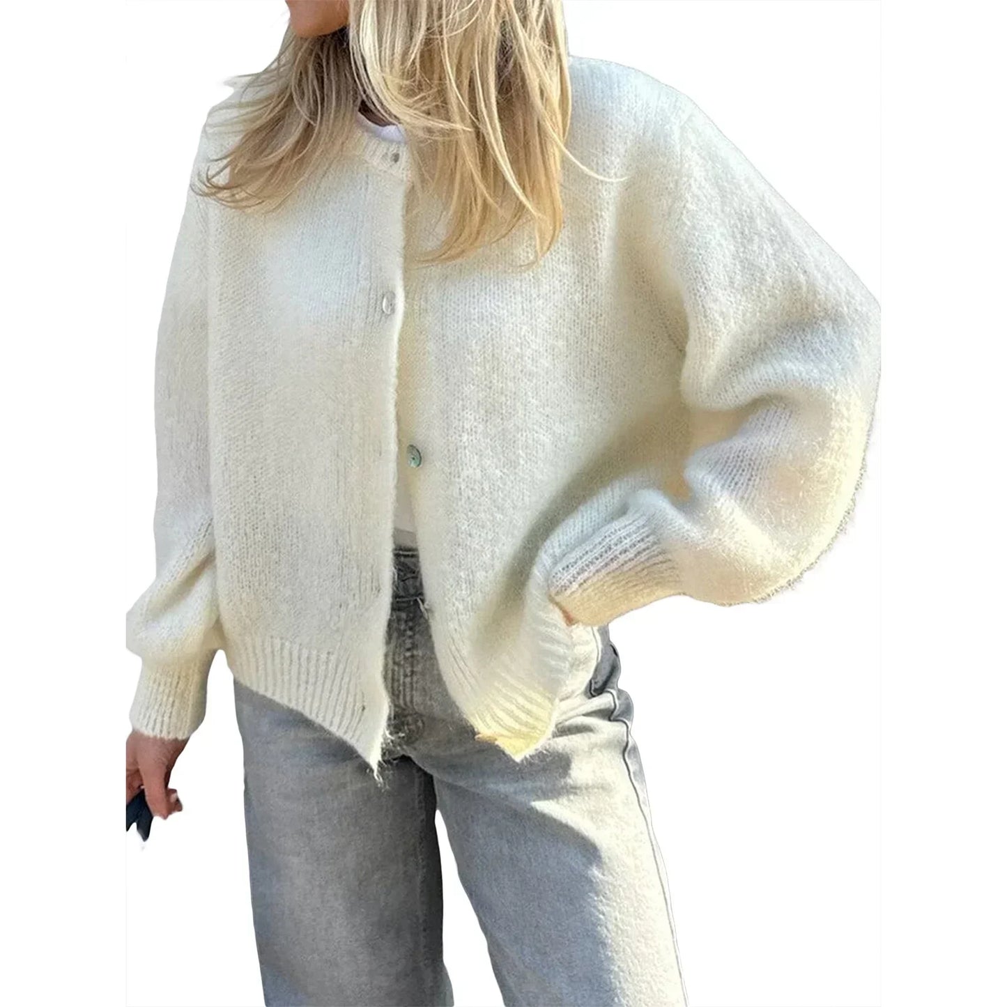 Women Solid Knitted Single Breasted Cardigan O-neck Long Sleeve Loose Soft Sweater 2024 Autumn Lady Knitwear ﻿