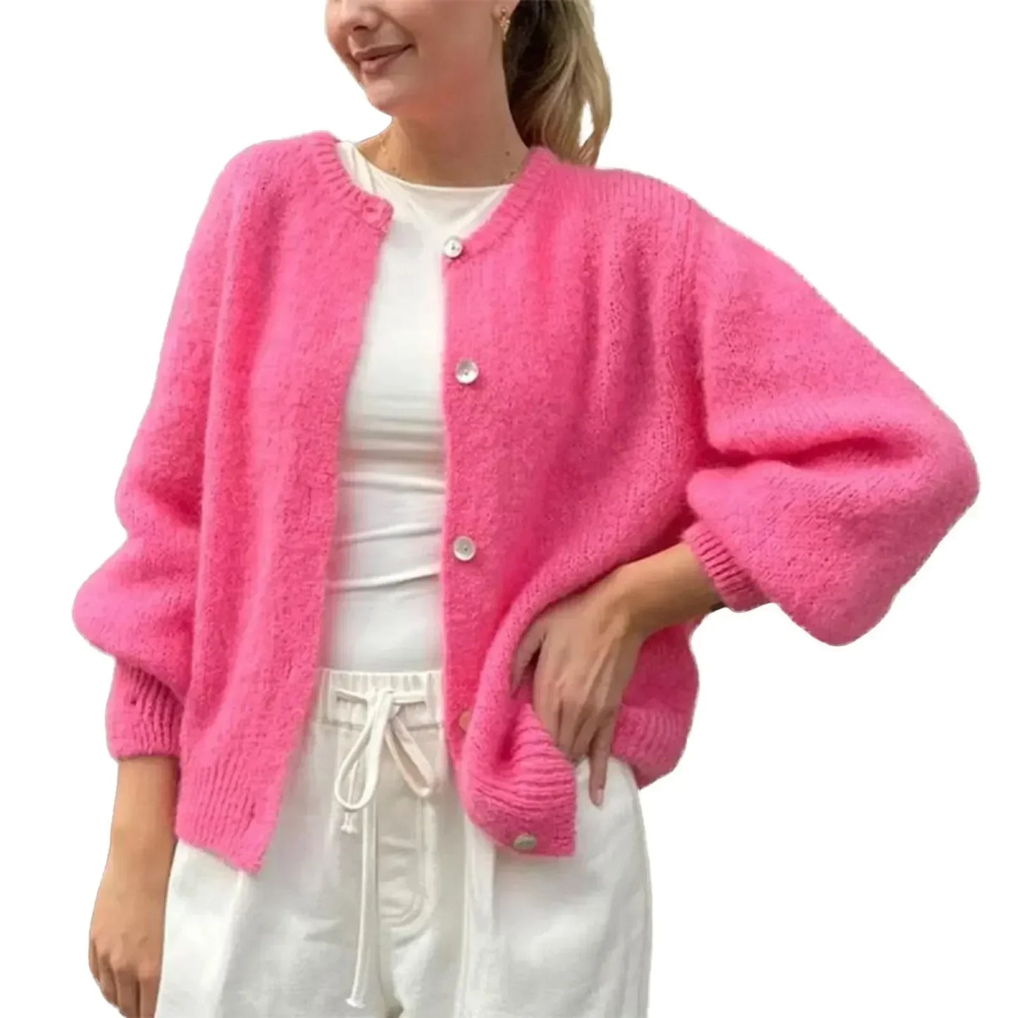 Women Solid Knitted Single Breasted Cardigan O-neck Long Sleeve Loose Soft Sweater 2024 Autumn Lady Knitwear ﻿