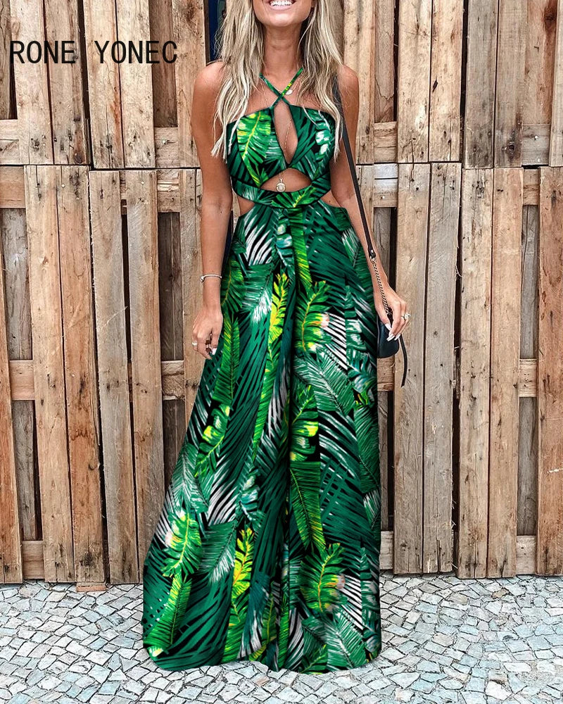 Mono informal de mujer con estampado tropical, sin mangas, cuello halter, pierna ancha y aberturas